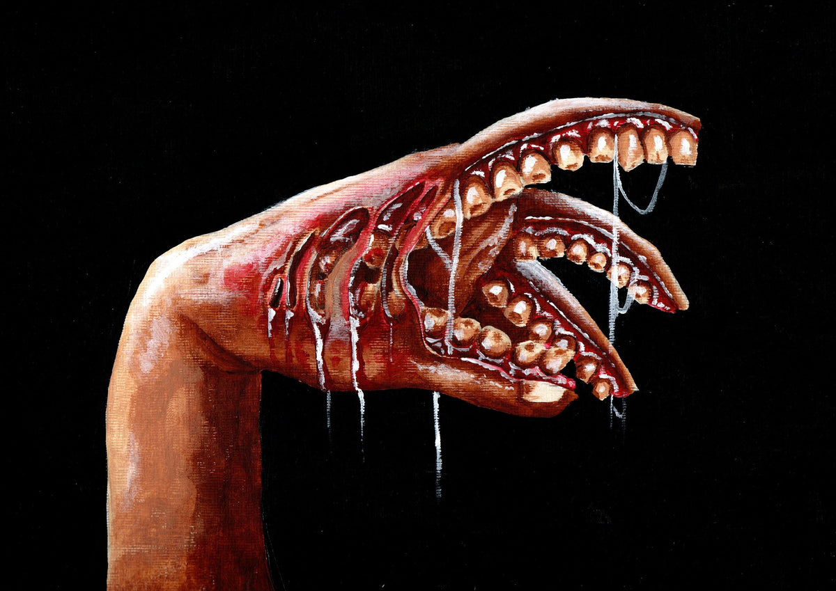Artistic depiction of a hand with a detailed palm and fingers on a black background